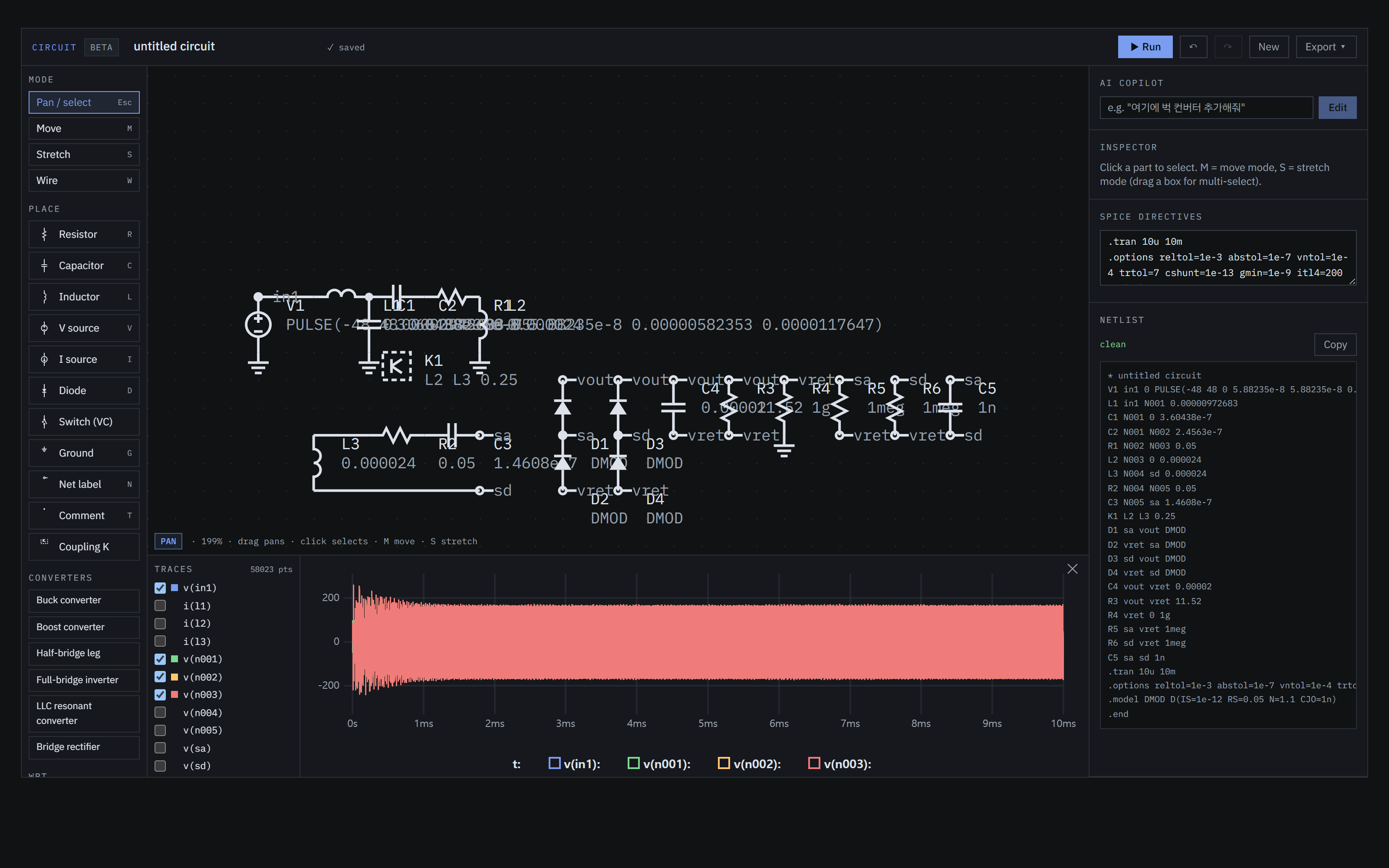 Circuit editor with a coupled WPT schematic, live SPICE netlist and transient simulation traces
